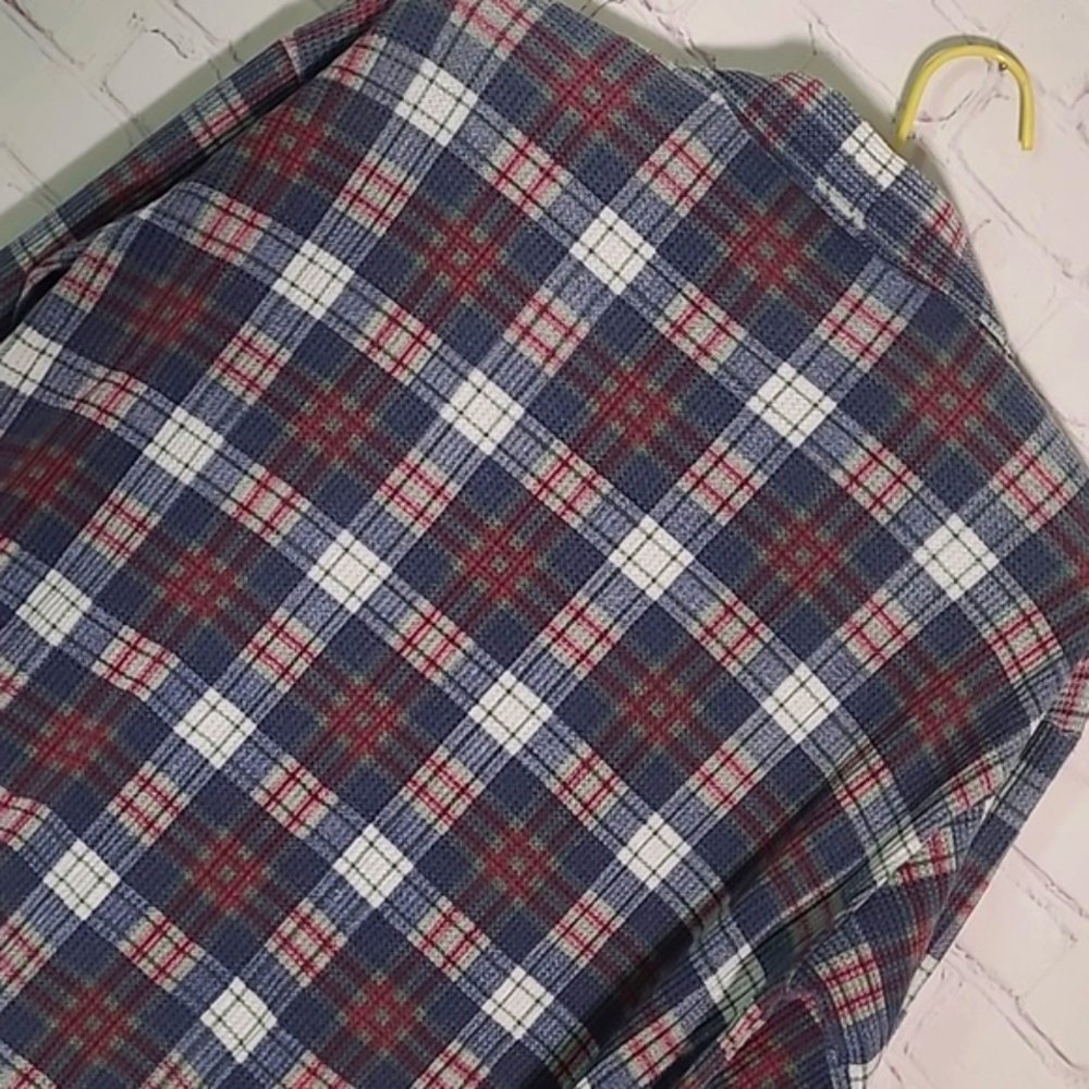 Vintage 80s Waffle Knit Blue Red Plaid Flannel Button Front Shirt Womens Small - Picture 13 of 16
